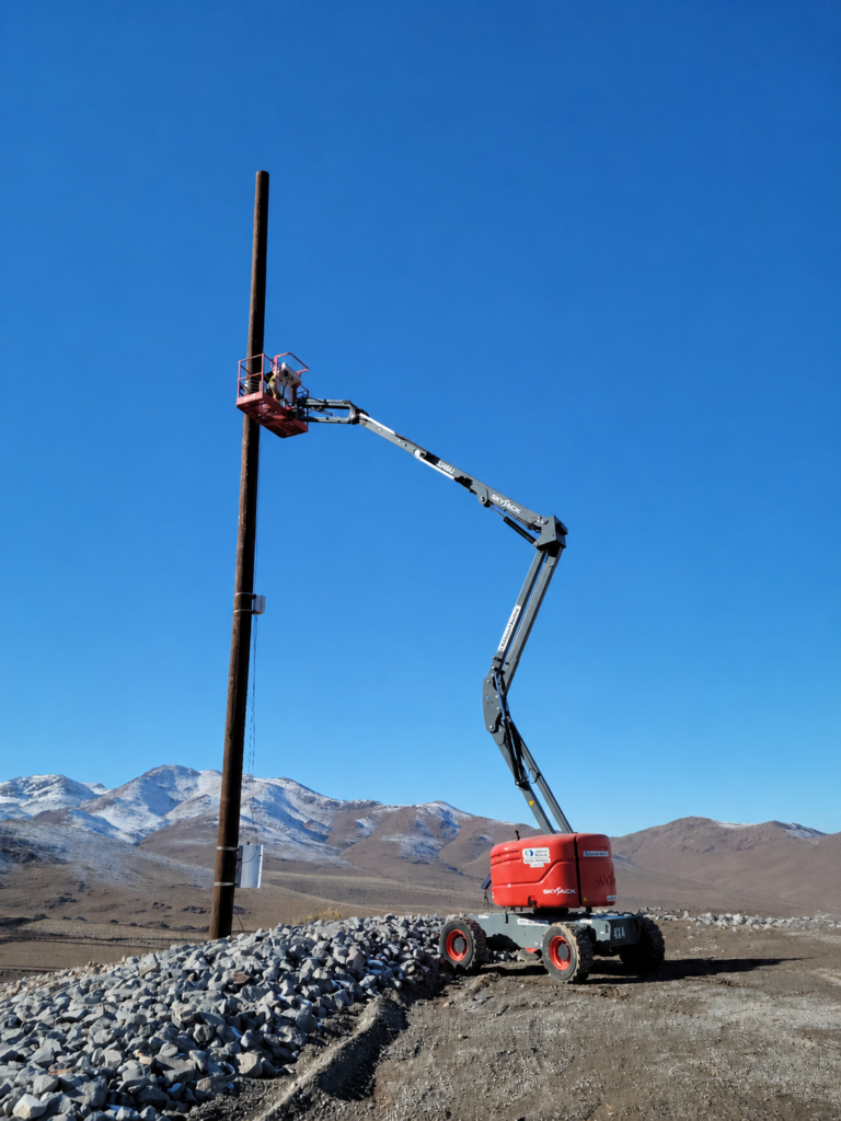 Technician on a boom lift installing equipment on a tall pole at a remote industrial site with snow-covered mountains nearby.