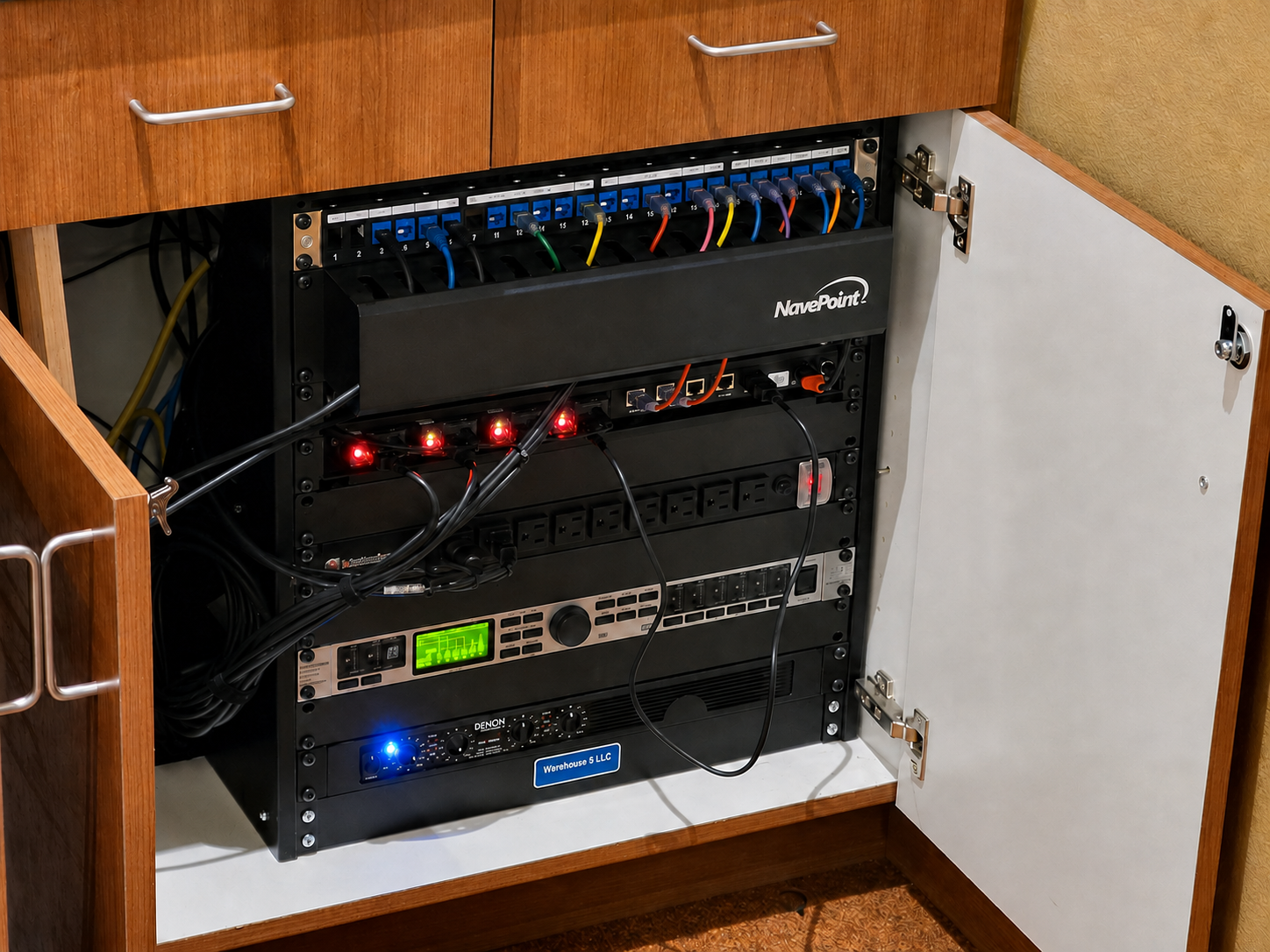 Compact ten-rack-unit audiovisual system installed inside a wooden cupboard with labeled patching and audio equipment.