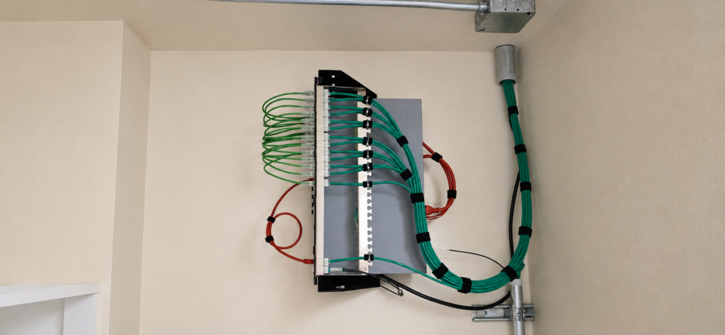 Wall-mounted hotel IDF with neatly routed green network cabling supporting 13 wireless access points.