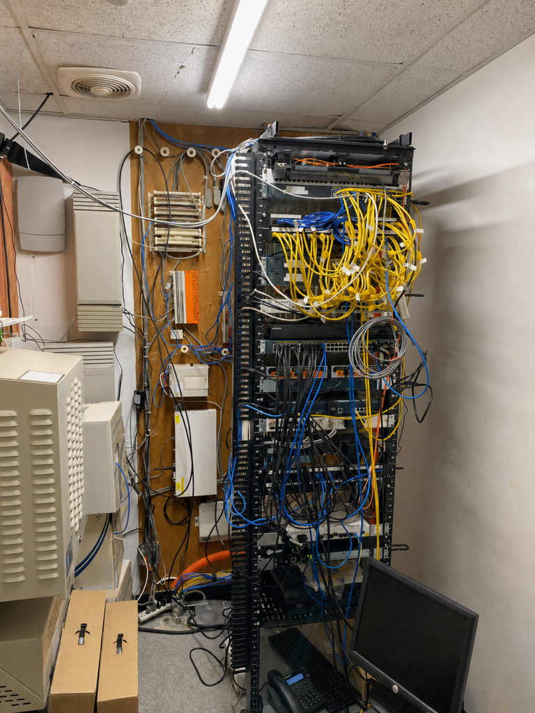 Legacy telecommunications and network room with analog phone equipment, a full-height rack, dense patch cabling, and older Cisco infrastructure.