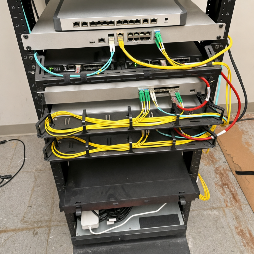 Network rack with switches, fiber connections, loose cables, and debris during a six-month warehouse IT maintenance check.