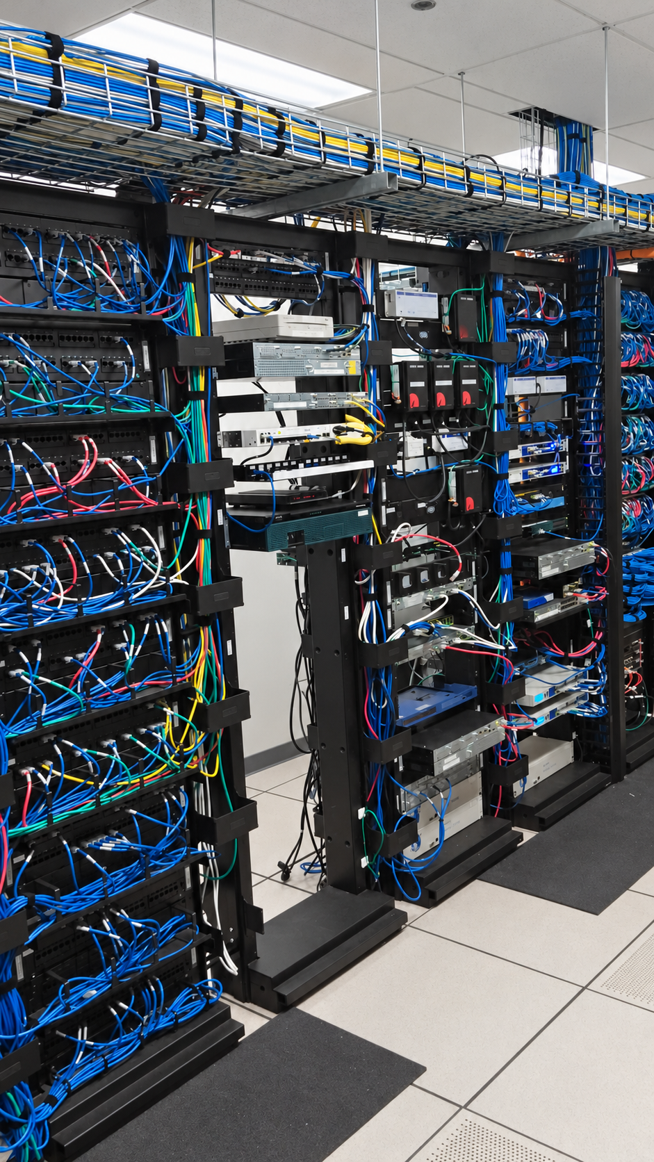 Large network room with multiple equipment racks, dense structured cabling, carrier equipment, and legacy routers undergoing a controlled migration.